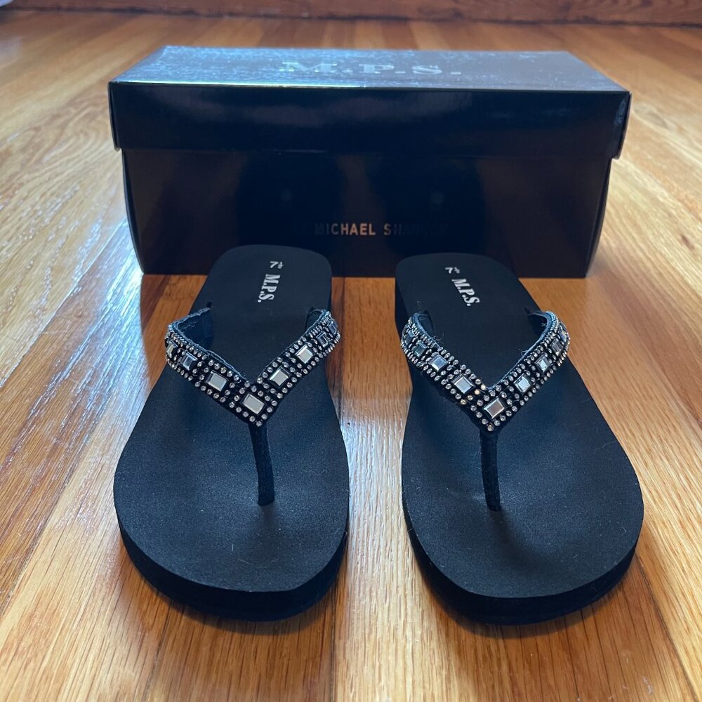 Black Rhinestone Flip Flops Womens Size 7.5 - Picture 3 of 5